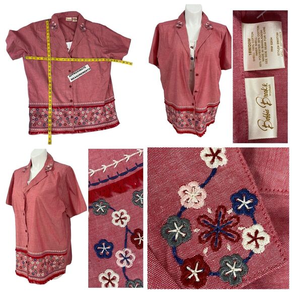 Bobbie Brooks Shirt Womens Size 20W Red 2X Embroidered Floral Work Office Casual - Picture 15 of 16
